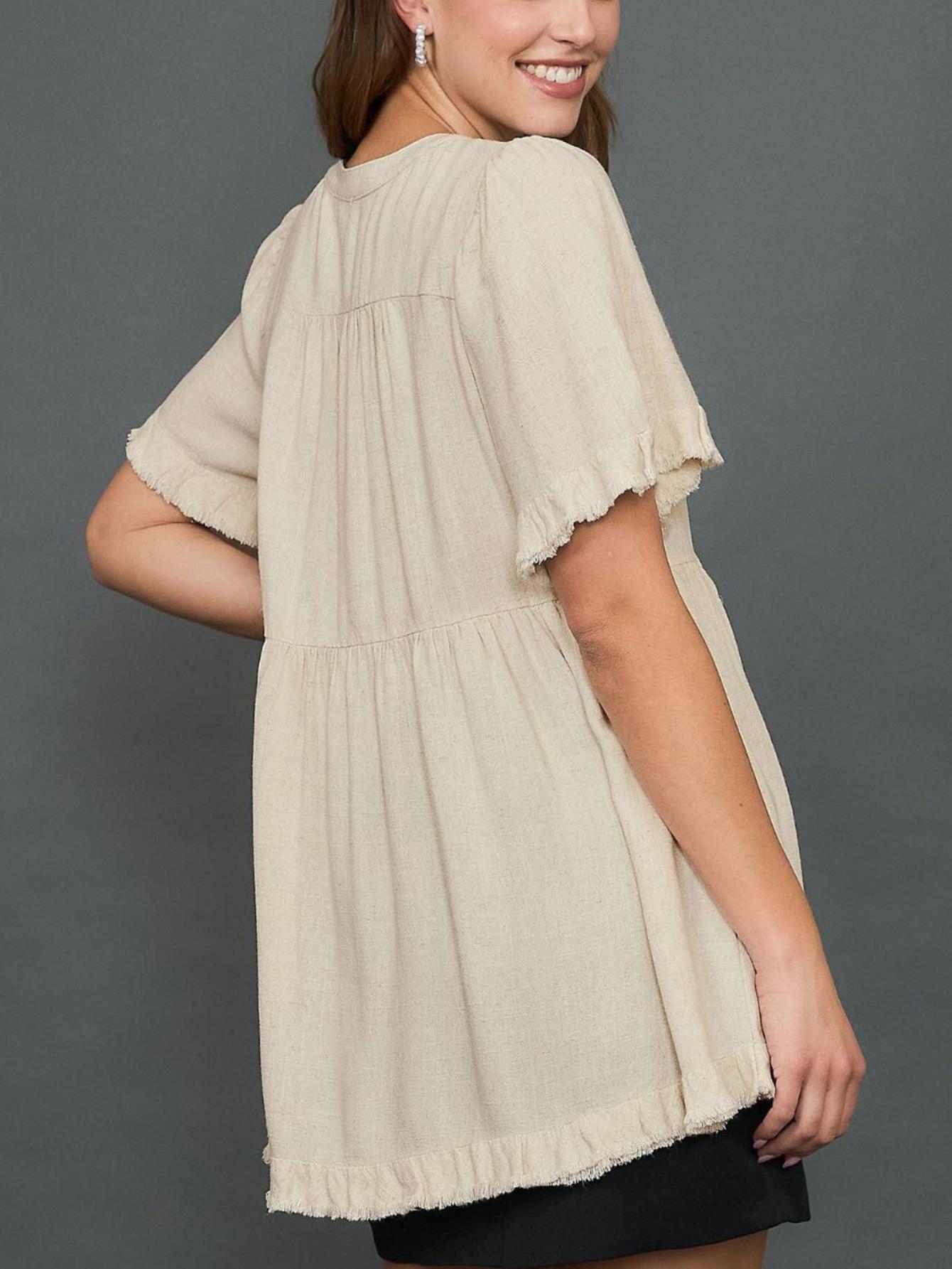 womens casual boho chic frayed edge babydoll peplum top cream white half sleeve v neck loose fit flowy ruffle hem blouse perfect for spring summer daily wear beach vacation