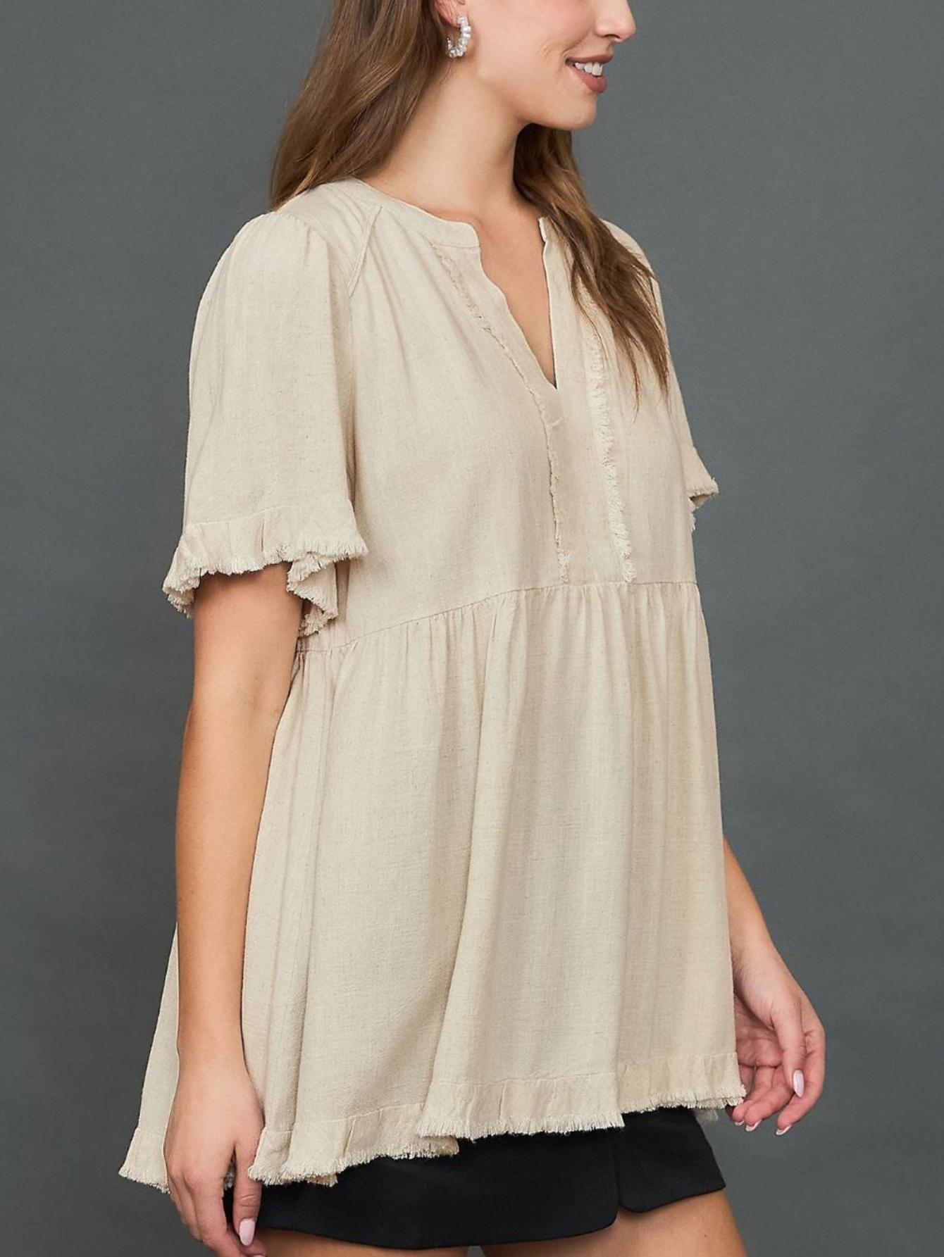 womens casual boho chic frayed edge babydoll peplum top cream white half sleeve v neck loose fit flowy ruffle hem blouse perfect for spring summer daily wear beach vacation