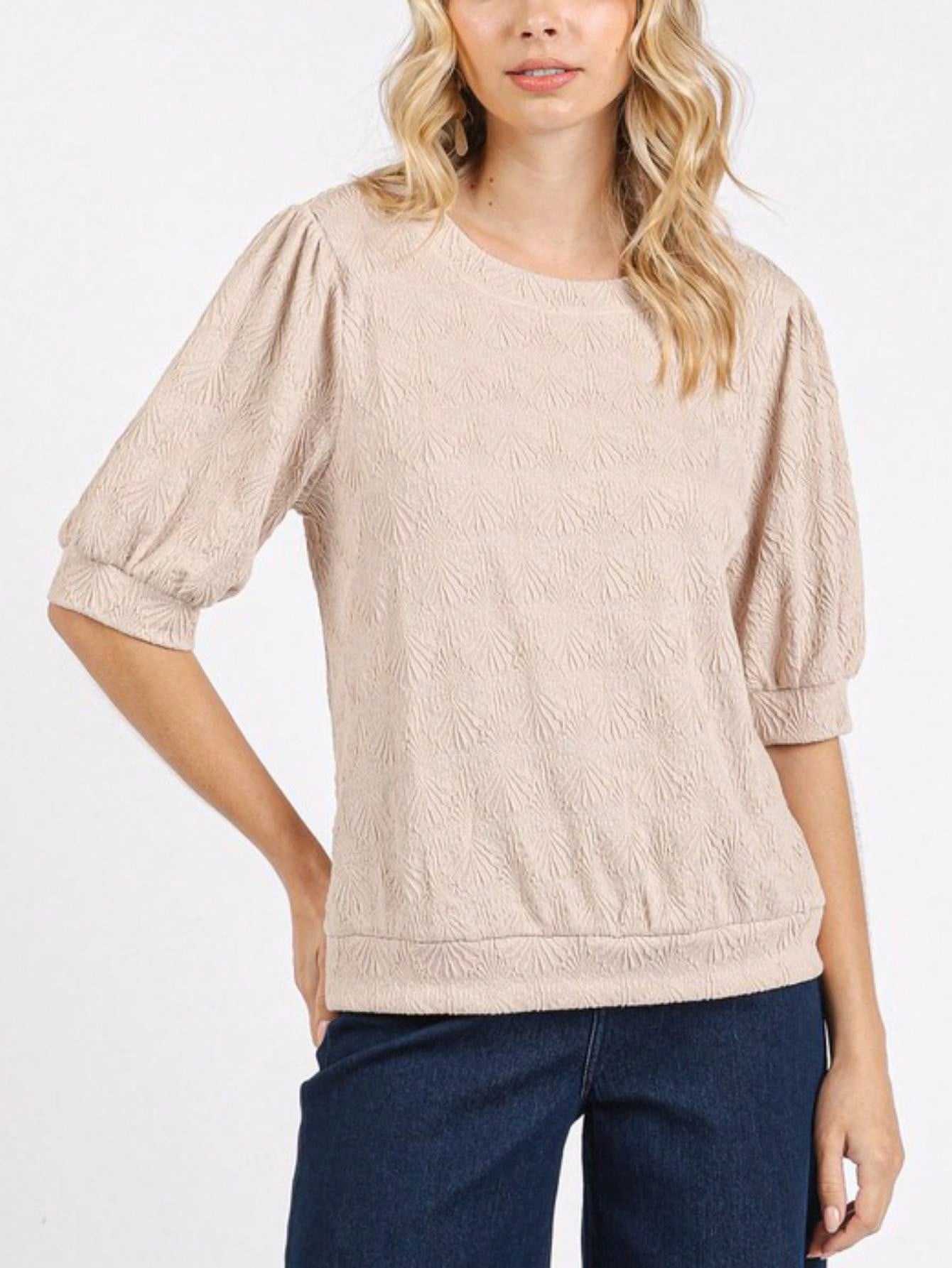 womens casual textured chic elegant embossed fan pattern balloon sleeve blouse beige three quarter length sleeve round neck structured top perfect for office daily wear spring summer