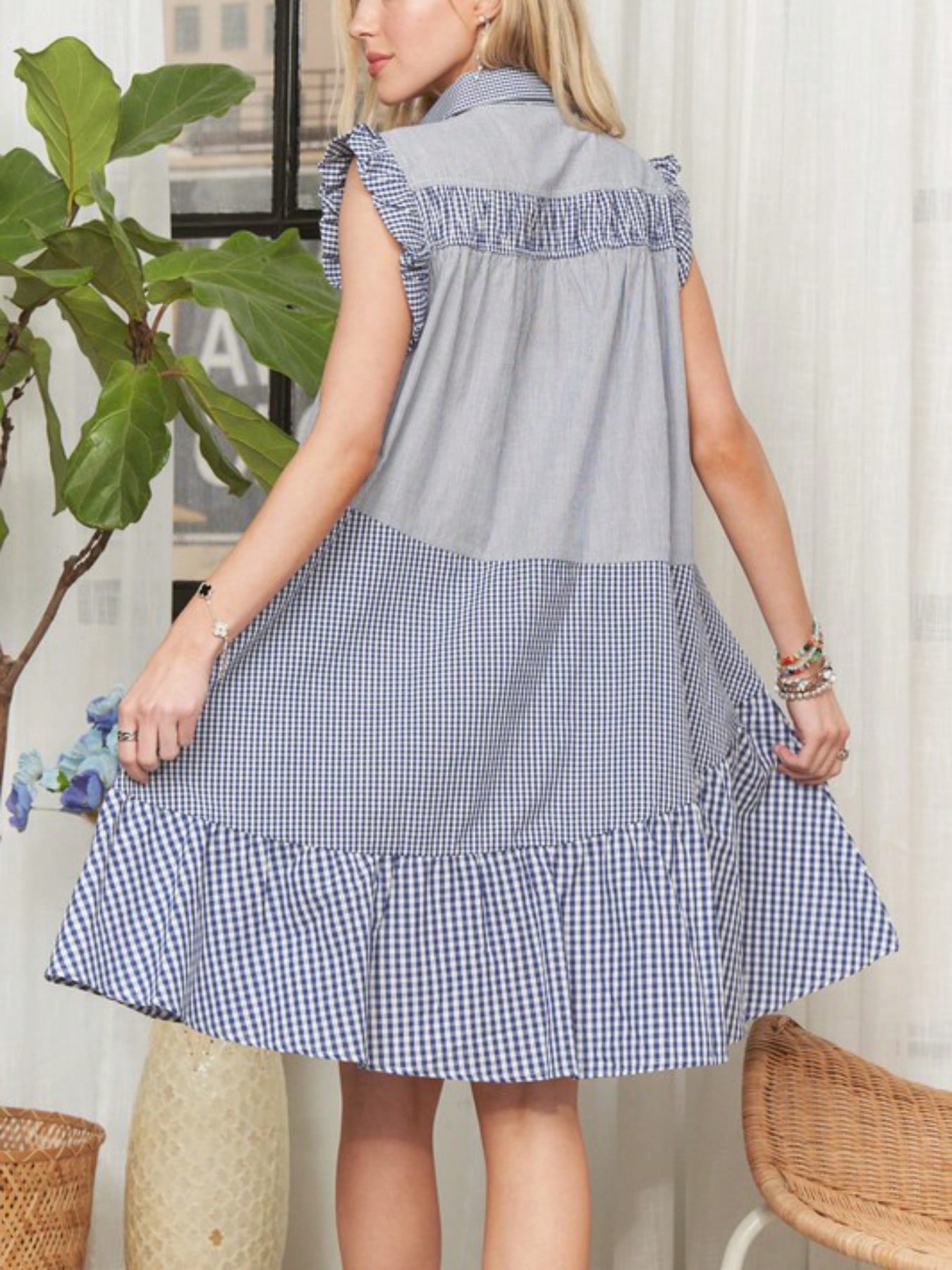 womens casual midi dress vintage prairie style gingham patchwork ruffle sleeveless button down collared tiered summer sundress blue white check pattern knee length swing babydoll spring cottage core fashion