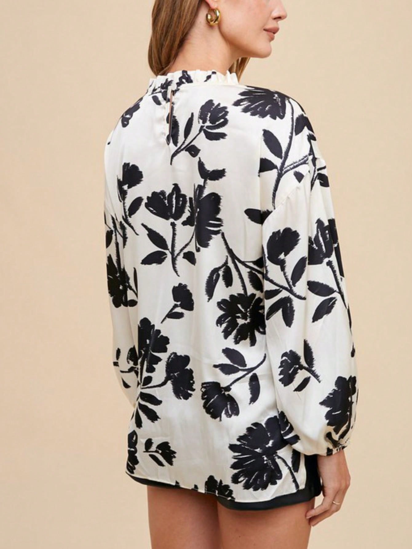 womens casual floral print elegant chic ruffle mock neck long sleeve blouse top black white bold flower pattern loose fit workwear office lady spring summer fall