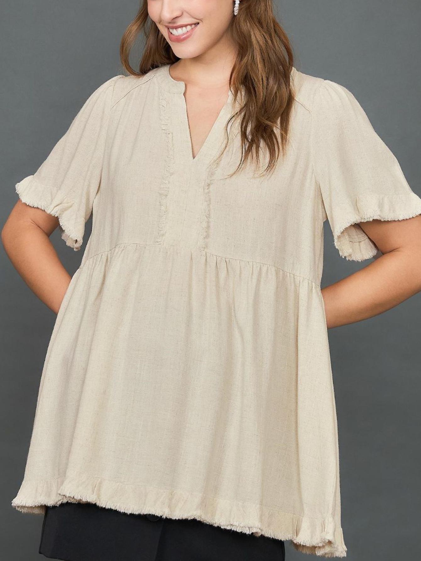 womens casual boho chic frayed edge babydoll peplum top cream white half sleeve v neck loose fit flowy ruffle hem blouse perfect for spring summer daily wear beach vacation