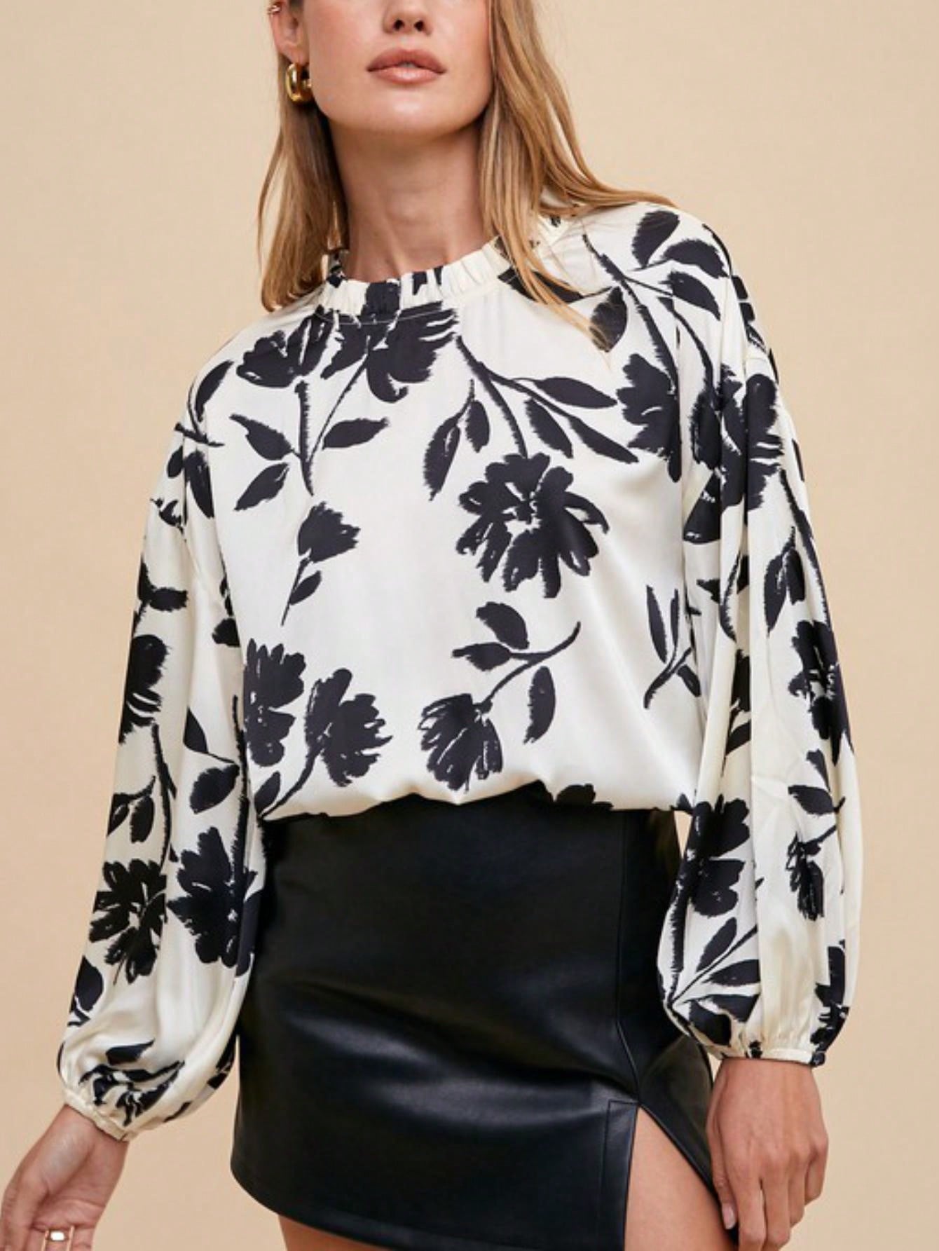 womens casual floral print elegant chic ruffle mock neck long sleeve blouse top black white bold flower pattern loose fit workwear office lady spring summer fall