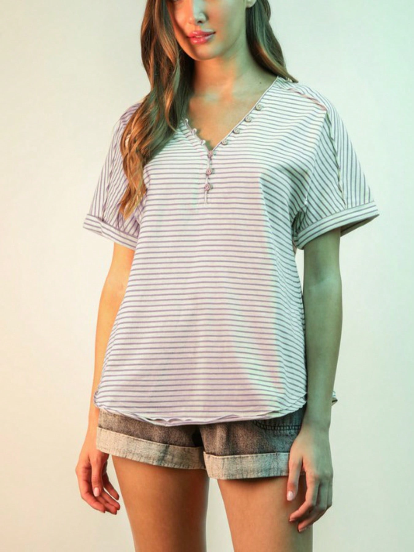 womens casual t shirt relaxed fit nautical striped henley top button front v neck short sleeve oversized slouchy basic everyday tee navy white summer lightweight breathable beach weekend blouse