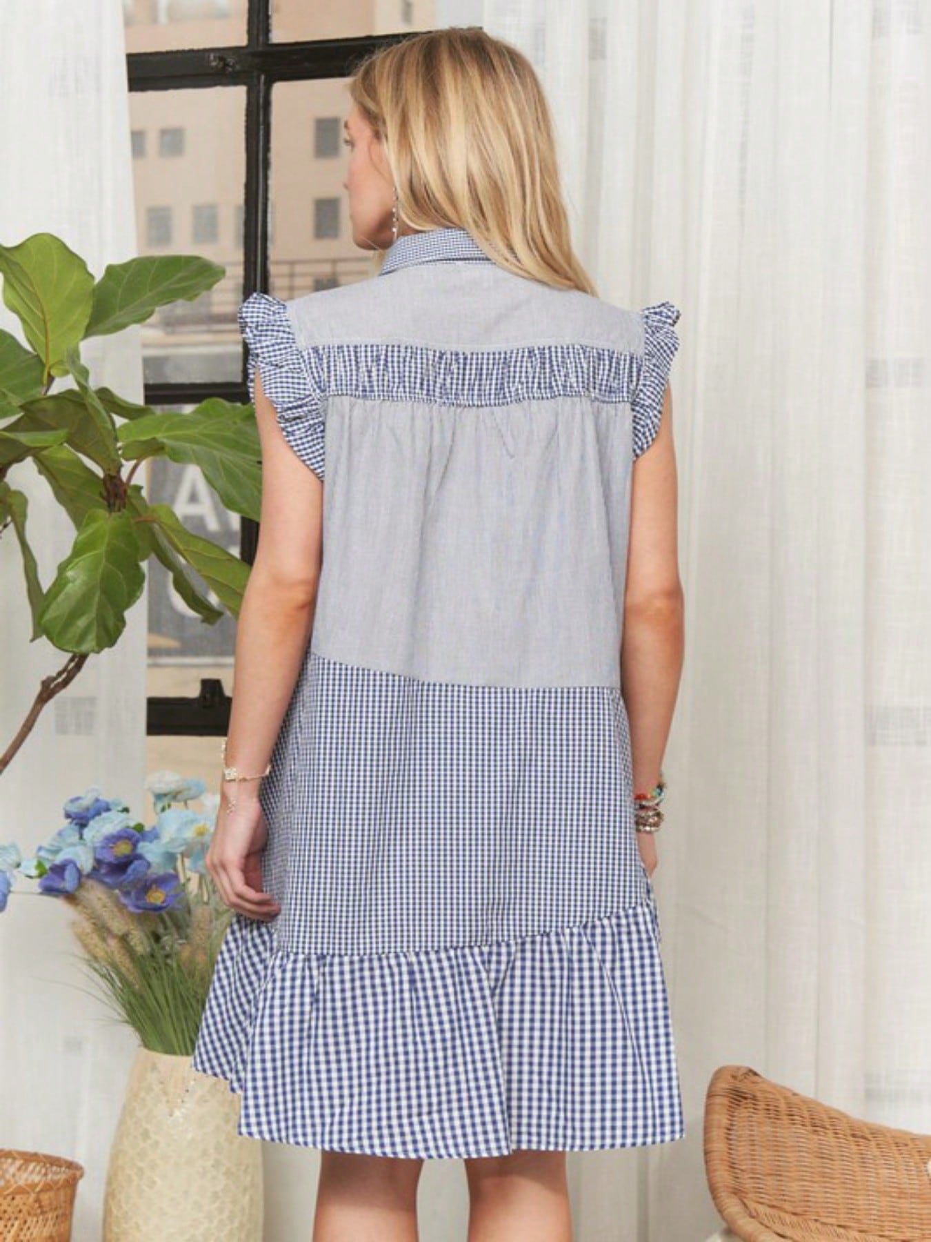 womens casual midi dress vintage prairie style gingham patchwork ruffle sleeveless button down collared tiered summer sundress blue white check pattern knee length swing babydoll spring cottage core fashion