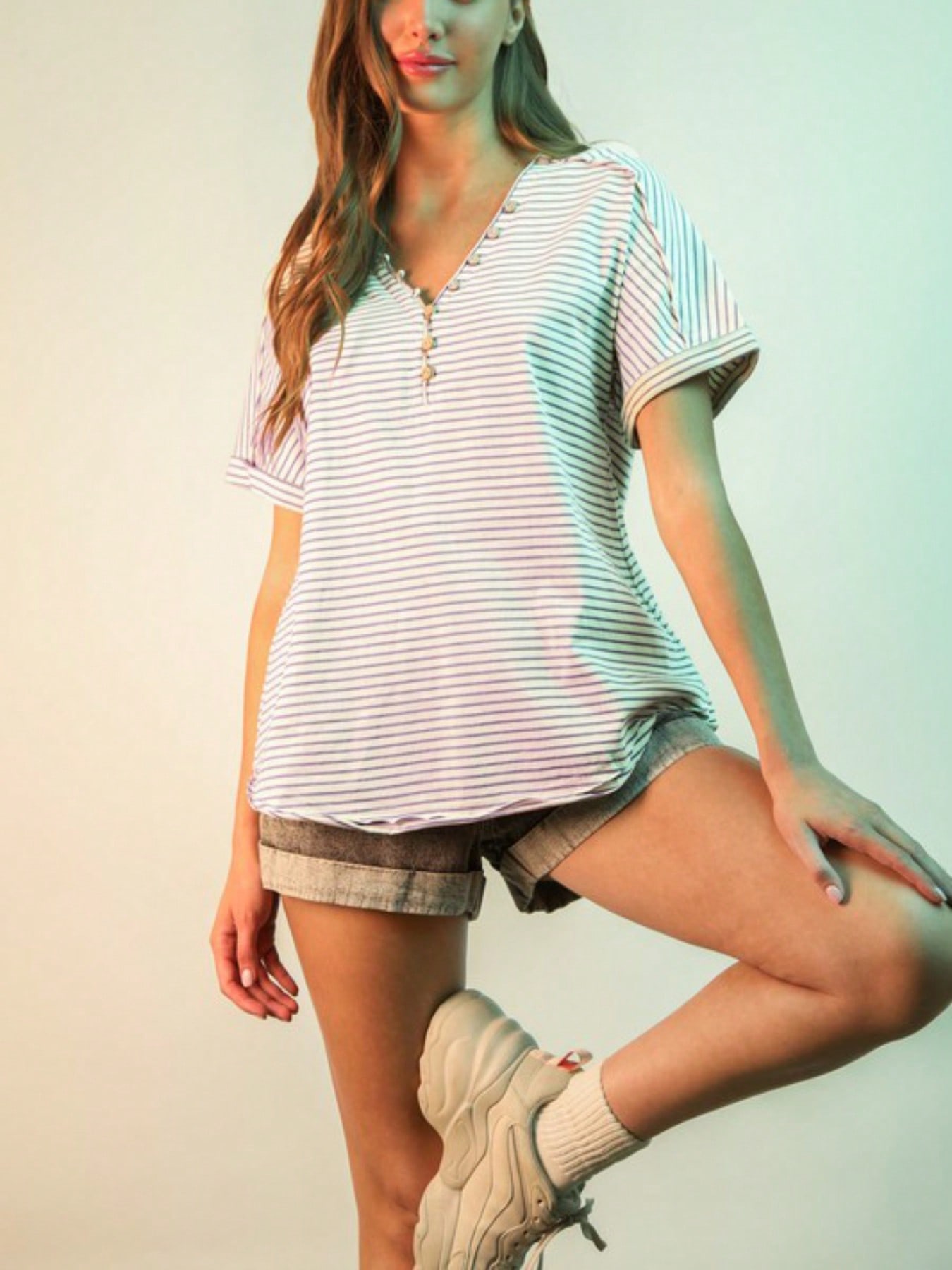 womens casual t shirt relaxed fit nautical striped henley top button front v neck short sleeve oversized slouchy basic everyday tee navy white summer lightweight breathable beach weekend blouse