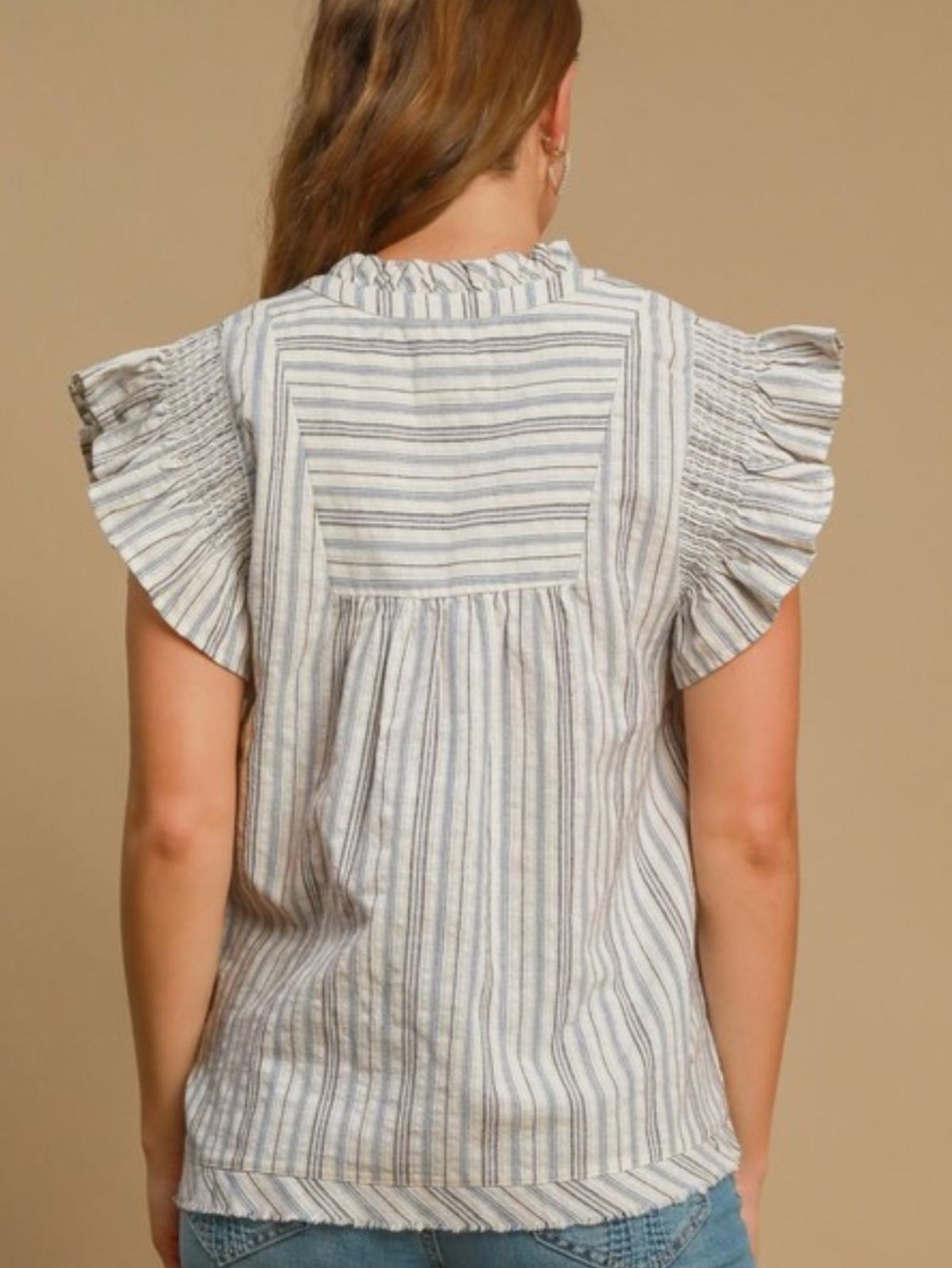 womens casual babydoll chic ruffle flutter sleeve striped blouse top v neck loose fit gathered empire waist white blue summer spring beach vacation daily wear lightweight breathable