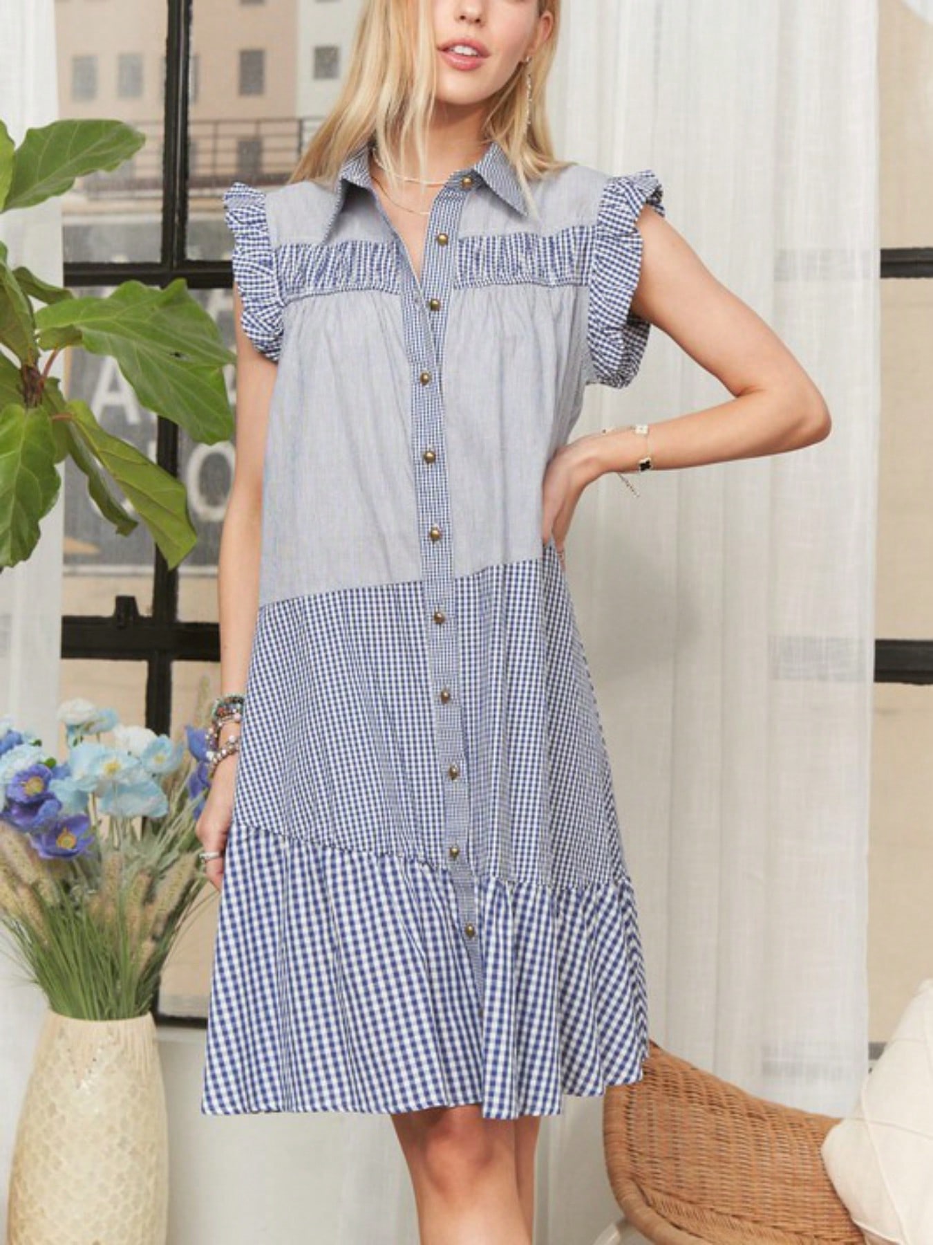 womens casual midi dress vintage prairie style gingham patchwork ruffle sleeveless button down collared tiered summer sundress blue white check pattern knee length swing babydoll spring cottage core fashion