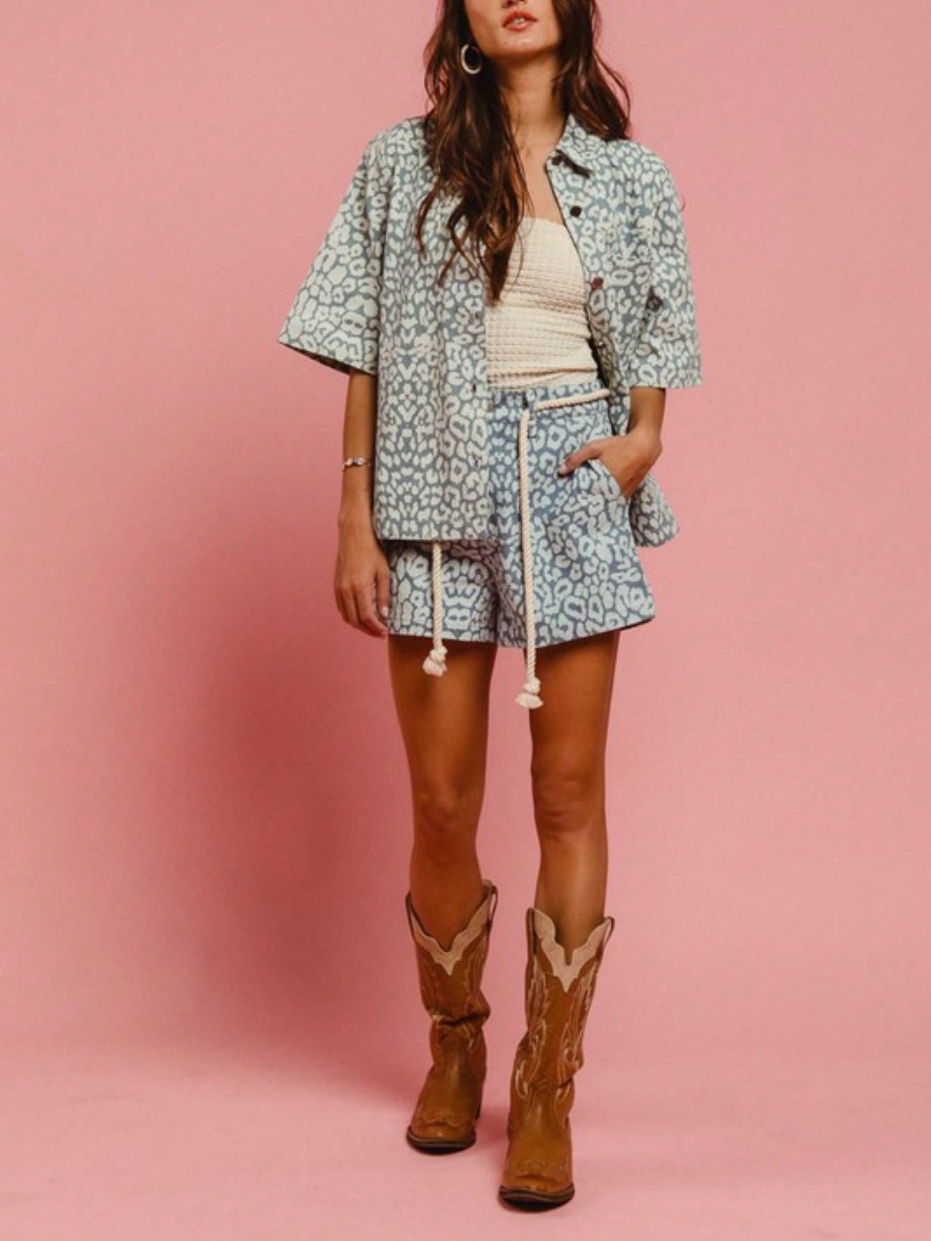 womens casual leopard print chic button down shirt and shorts set with tassel drawstring detail short sleeve collared summer beach two piece outfit blue white animal pattern relaxed fit