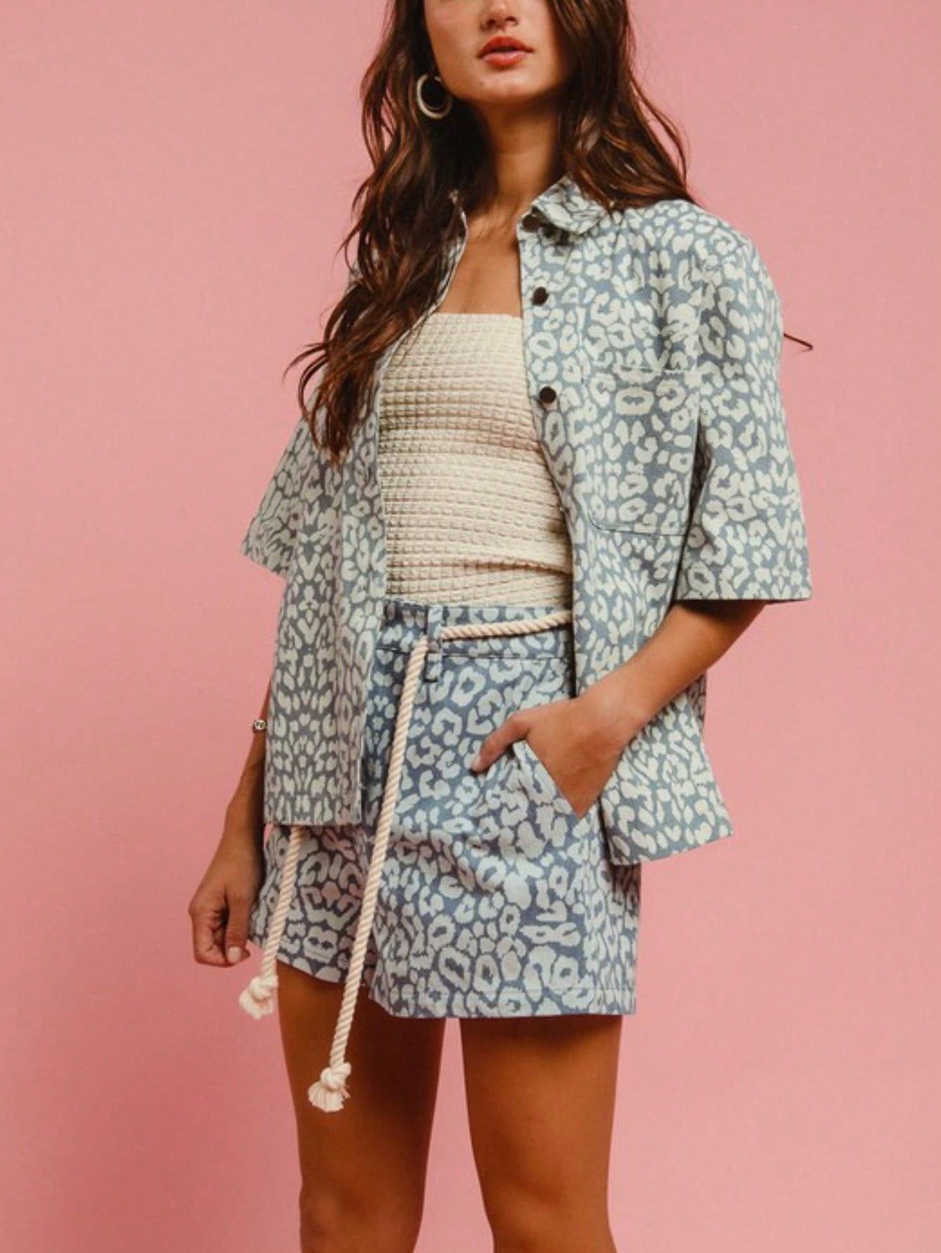 womens casual leopard print chic button down shirt and shorts set with tassel drawstring detail short sleeve collared summer beach two piece outfit blue white animal pattern relaxed fit