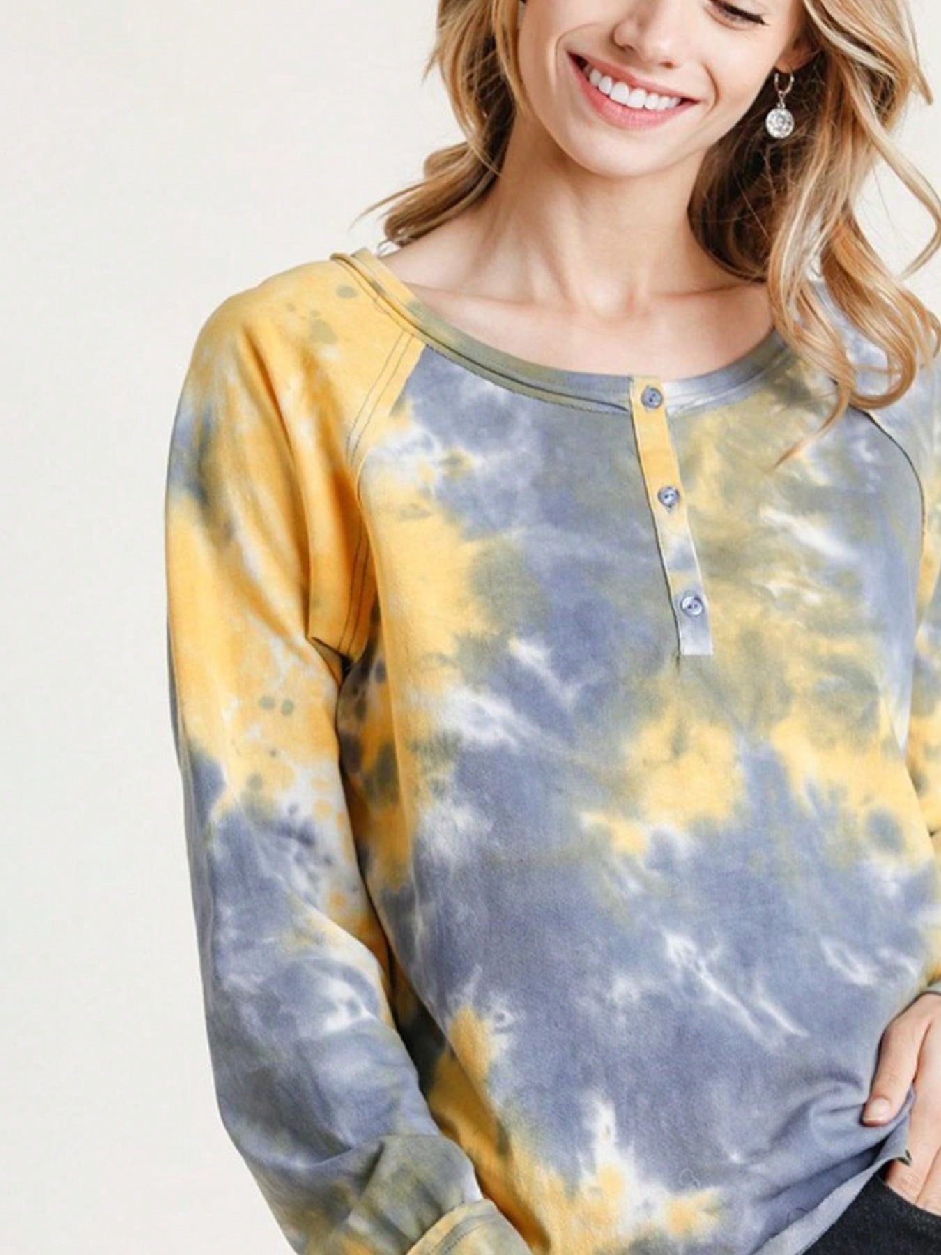 womens casual tie dye boho chic relaxed fit oversized pullover sweatshirt yellow grey cloud pattern long sleeve crew neck lightweight breathable fall spring weekend loungewear top