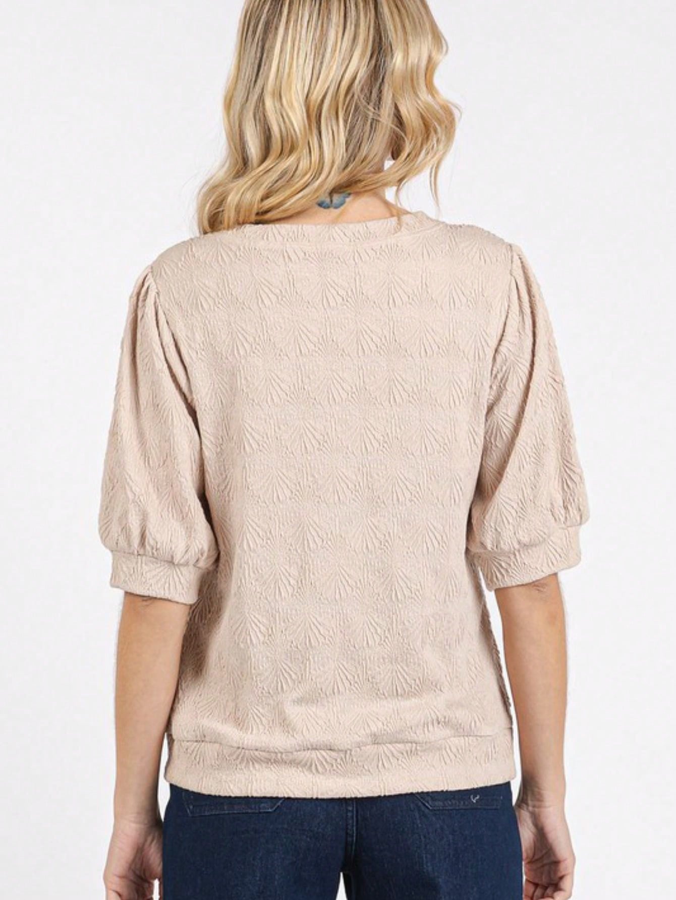 womens casual textured chic elegant embossed fan pattern balloon sleeve blouse beige three quarter length sleeve round neck structured top perfect for office daily wear spring summer
