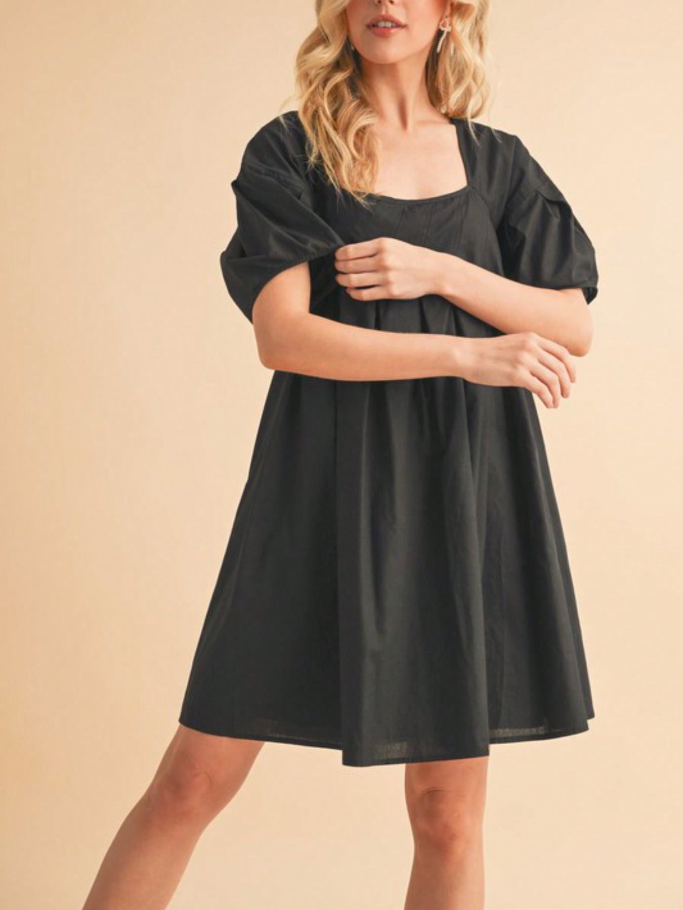 womens casual babydoll chic puff sleeve square neck mini dress black flowy short sleeve above knee empire waist aline summer party dating cocktail loose fit